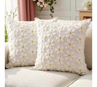Shein 1 pieza Funda de cojín decorativo con flor de margarita 3D blanca, estilo rústico minimalista de granja, de jacquard suave con bordado, adecuado para