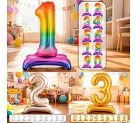 Shein 1 pieza Globo de número gigante de pie de 60 pulgadas de lámina, globos con dígitos base de color dorado/plateado/arcoíris del 0 al 9 adecuados para f