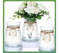 Shein 1 pieza Jarrón de vidrio con corazones de madera y cuerda, jarrón moderno de flores de textura clara para decoración del hogar, centro de mesa, decora