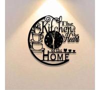 Shein 1 pieza "La cocina es el corazón del hogar" Reloj de pared de metal - Decoración de cocina moderna de estilo granja, con tazas de café y manos con for