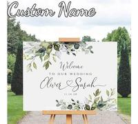 Shein 1 pieza - Letrero de bienvenida de boda verde personalizado, elegante tablero de bienvenida de boda con eucalipto, póster de lienzo sin marco, decorac
