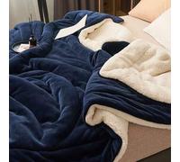Shein 1 pieza Manta de doble capa suave y cómoda de terciopelo de leche de color azul profundo, adecuada para dormitorio, hotel, todas las estaciones
