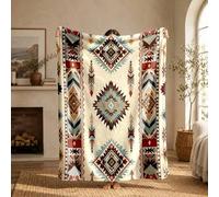Shein 1 pieza Manta de franela con estampado geométrico de plumas bohemio, manta decorativa para sala de estar, B&B, sofá, siesta