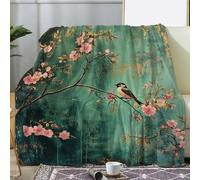 Shein 1 pieza Manta de franela con estampado vintage de flores y pájaros de sakura - Suave y cálida, adecuada para todas las estaciones, para sofá, cama, co