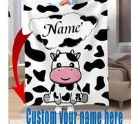 Shein 1 pieza Manta de franela con patrón de vaca de dibujos animados personalizable - Regalo perfecto, texto personalizable, edredón con estampado de anima