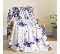 Shein 1 pieza Manta de franela suave y cálida con estampado de flor de glicinia de estilo acuarela morada, mariposa morada, planta floral e insecto, adecuad
