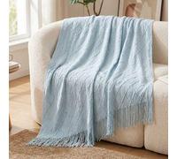 Shein 1 pieza Manta de punto a cuadros de diamante azul claro, manta rectangular con flecos de estilo nórdico casual para sofá, siesta en la oficina, adecua