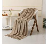 Shein 1 pieza Manta de punto color caqui, manta casual para la siesta con flecos para sofá, silla, dormitorio, decoración de otoño, decoración de otoño, dec