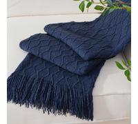 Shein 1 pieza Manta de sofá tejida, manta suave de peluche azul, manta decorativa con flecos ligera, adecuada para sillas, camas, sofás