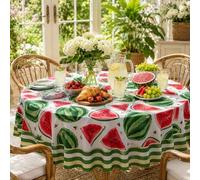 Shein 1 pieza Mantel con estampado de sandía, mantel redondo de poliéster de verano con borde de rayas onduladas verdes, estilo granja fresco lavable y reut