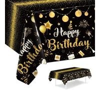 Shein 1 pieza Mantel de cumpleaños negro y dorado con patrón de confeti y globos de colores, mantel de mesa, decoración de mesa de fiesta de cumpleaños, dec