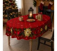 Shein 1 pieza Mantel de Navidad con Poinsettia, Cuadros Buffalo, Material de Poliéster, Decorado con Copos de Nieve y Hojas de Acebo, Fácil de Cuidar, Adecu