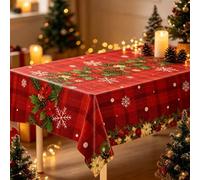 Shein 1 pieza Mantel navideño, Mantel decorativo para fiestas navideñas, Diseño de patrón de flores rojas & campanas navideñas, Decoración de camino de mesa