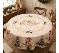 Shein 1 pieza Mantel redondo de Navidad, patrón de muñeco de nieve, hombre de jengibre y árbol de Navidad, fibra de poliéster diámetro 150cm Mantel de Feliz