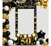 Shein 1 pieza Marco de fotos de 60x120cm para fiesta de cumpleaños 50 años, con fondo de tela de poliéster con brillo dorado y negro, decoraciones de fiesta