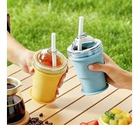 Shein 1 pieza Molde de hielo plegable multifuncional, molde de hielo de silicona reutilizable con vaso portátil integrado y pajita, diseño plegable a prueba