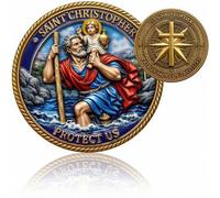 Shein 1 pieza Moneda conmemorativa de viaje de San Cristóbal, diseño de brújula vintage en oro, moneda coleccionable de bendición de viaje, regalo de decora