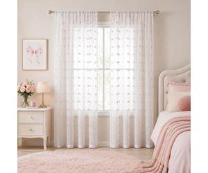 Shein 1 pieza o 2 piezas, Cortina transparente minimalista de lunares y pompones rosa claro COSENNATUR, Cortina de cocina, Bolsa para barra superior, Fácil