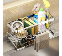 Shein 1 pieza Organizador de fregadero de acero inoxidable con bandeja de goteo, almacenamiento de cocina a prueba de óxido, adecuado para esponja, dispensa