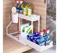 Shein 1 pieza Organizador de fregadero de doble capa negro/blanco con marco de metal, cesta de gabinete de baño multifuncional, solución de almacenamiento v