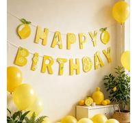 Shein 1 pieza Pancarta de feliz cumpleaños con tema de limón, decoración de fondo para fiesta de cumpleaños de bebé, bandera colgante con diseño de limón li