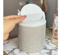 Shein 1 pieza Papelera de escritorio decorada con strass, organizador de escritorio con tapa giratoria adecuado para tocador, dormitorio, oficina, brilla a