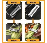 Shein 1 pieza Pelador y rebanador de frutas y verduras de acero inoxidable de doble cabezal multifunción, adecuado para pepino, zanahoria, manzana, pera, pa