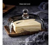 Shein 1 pieza Plato grande de mantequilla de vidrio con tapa de madera, recipiente de almacenamiento de mantequilla hermético y transparente & caja organiza