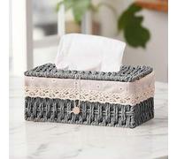 Shein 1 pieza Portacaja de pañuelos rectangular tejido a mano, cubierta de caja de pañuelos de ratán, organizador de caja de pañuelos tejido de estilo bohem