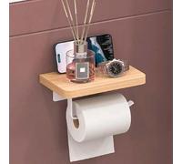 Shein 1 pieza Portarrollos de papel higiénico de madera con estante, dispensador de papel higiénico autoadhesivo montado en la pared, soporte de metal, esta