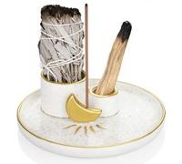 Shein 1 pieza Quemador de incienso de cerámica - Soporte de 4 en 1 para varillas de incienso y Palo Santo, con bandeja para smudging, accesorio de aromatera