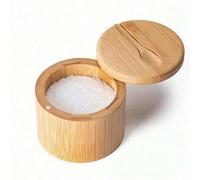 Shein 1 pieza Recipiente de almacenamiento de sal y especias de bambú con tapa giratoria magnética y cuchara, caja organizadora de bambú apta para sal, pimi