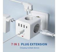 Shein 1 pieza Regleta multifuncional 7 en 1, equipada con protector contra sobretensiones, 3 tomas de corriente europeas, 3 puertos USB-A, 1 puerto USB-C, a