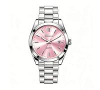 Shein 1 pieza Reloj de cuarzo con caja redonda de acero inoxidable plateado, esfera rosa, diseño de calendario, mejor regalo de cumpleaños para él, adecuado