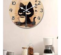 Shein 1 pieza Reloj de pared de madera grande estilo japonés con gato negro lindo de 10/12 pulgadas - Alimentado por batería, reloj circular silencioso y re
