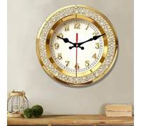 Shein 1 pieza Reloj de pared plano 2D | Reloj de pared redondo de madera chapado en oro con marco incrustado de cristal, adecuado para decoración de sala de