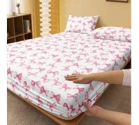 Shein 1 pieza Sábana ajustada con estampado de lazo blanco y rosa, protector de colchón, funda de colchón con corazón de San Valentín, sábana suave y transp