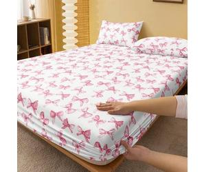 Shein 1 pieza Sábana ajustada con estampado de lazo blanco y rosa, protector de colchón, funda de colchón con corazón de San Valentín, sábana suave y transp
