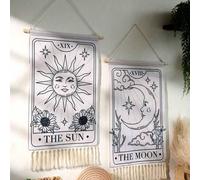 Shein 1 pieza/Set de 2 piezas Tapiz del Sol y la Luna del Tarot, Colgante de pared bohemio vertical con flecos, Decoración de pared de bruja blanca y negra