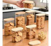 Shein 1 pieza/Set Tarro de caramelos con tapa de bambú, caja de almacenamiento de galletas de material PET transparente, recipiente hermético de cocina, abe