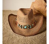 Shein 1 pieza Sombrero de vaquero unisex de paja hueco decorado con cuentas y joyas, con acentos metálicos, adecuado para fiestas, temas occidentales, reuni