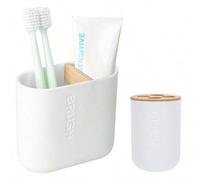 Shein 1 pieza Soporte de bambú para cepillos de dientes con divisor extraíble, almacenamiento multifuncional, 2 ranuras para cepillo de dientes eléctrico y