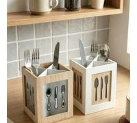 Shein 1 pieza Soporte de palillos de madera retro, cesta de utensilios de doble tubo para la cocina, mesa de comedor, organizador de cubiertos de bambú para