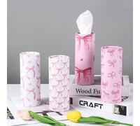 Shein 1 pieza Soporte para caja de pañuelos faciales con estampado de lazo rosa - Dispensador portátil redondo y cilíndrico de servilletas para el coche y e
