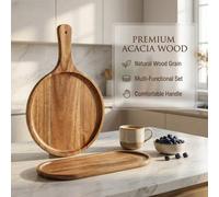 Shein 1 pieza Tabla de pizza de madera, tabla de servir redonda, tabla de cortar, tabla de embutidos, con cesta de picnic, bandeja de hornear multifuncional