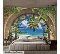 Shein 1 pieza Tapiz de pared con escena de playa tropical con arco de piedra, árbol de palma, olas del océano y cielo azul, para decoración del dormitorio,