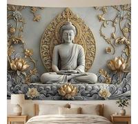 Shein 1 pieza Tapiz de pared con estatua budista y loto para meditación, de fibra de poliéster durable con relieve 3D de Buda, adecuado para dormitorio, sal