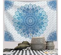 Shein 1 pieza Tapiz textil con patrón de mandala azul con 3 clavos de pared y 2 clips, tela colgante rectangular impresa para decoración de pared de sala de