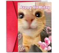 Shein 1 Pieza Tarjeta de Cumpleaños Divertida con Sobre - Diseño de Gato Pelirrojo Lindo, Globo Rosa y Patrón de Corazón - Tarjeta Única y Creativa Adecuada