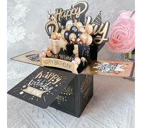 Shein 1 pieza Tarjeta de felicitación 3D con diseño de caja, Tarjeta de cumpleaños 3D en negro y dorado con láser, hueca, regalo de cumpleaños y navidad